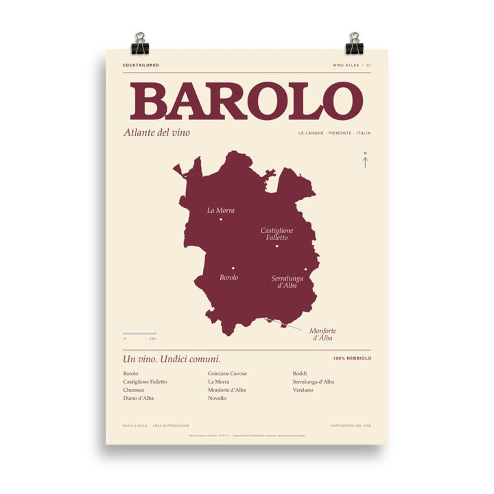 Affiche de la carte viticole du Barolo DOCG en bordeaux et crème, typographie italienne et noms de villages, 50 × 70 cm