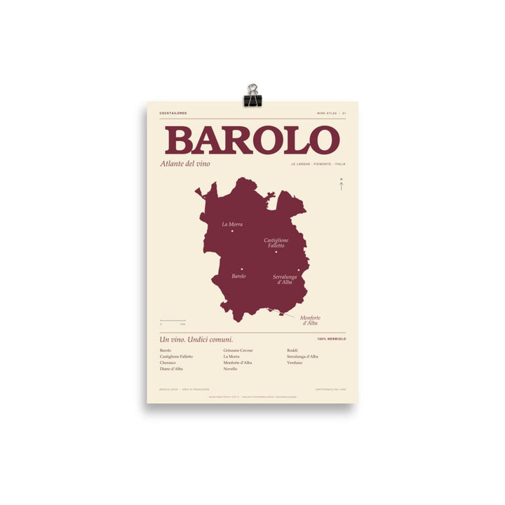 Barolo Wine Map Poster, 21 × 30 cm, with a burgundy map of the Barolo wine region on a cream background, shown hanging from black clips.