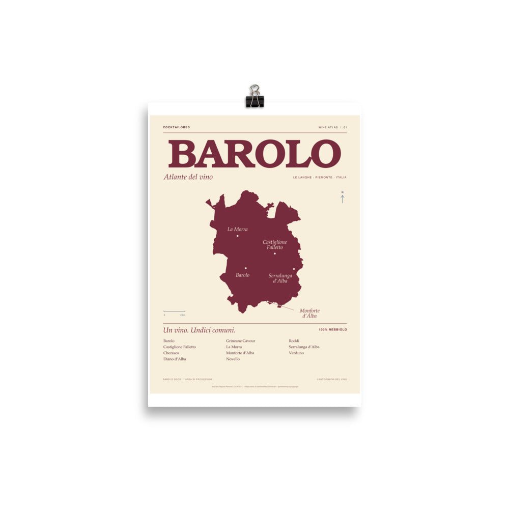 Affiche de la carte viticole du Barolo DOCG en bordeaux et crème, typographie italienne et noms de villages, 21 × 30 cm