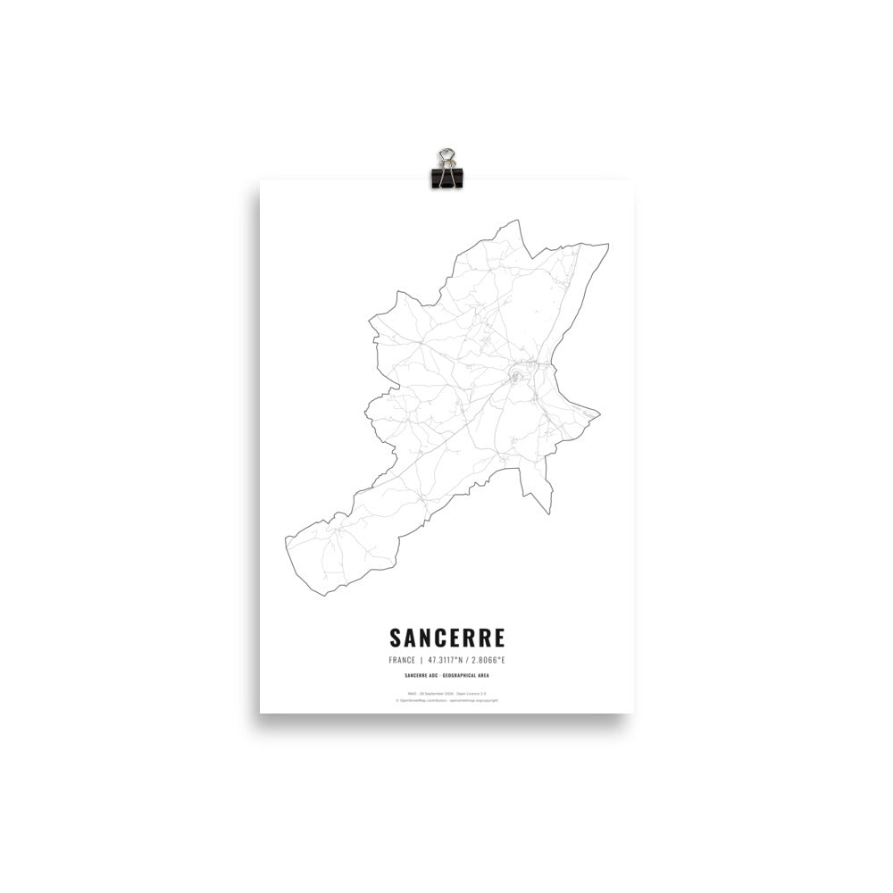 Black-and-white map poster of the Sancerre wine region in France, 21 × 30 cm – Cocktailored