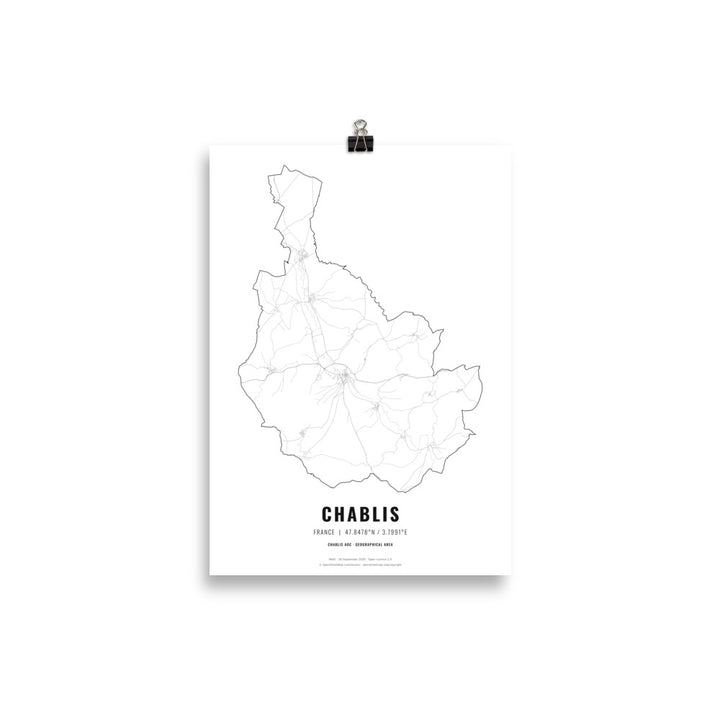Black-and-white map poster of the Chablis wine region in France, 21 × 30 cm – Cocktailored