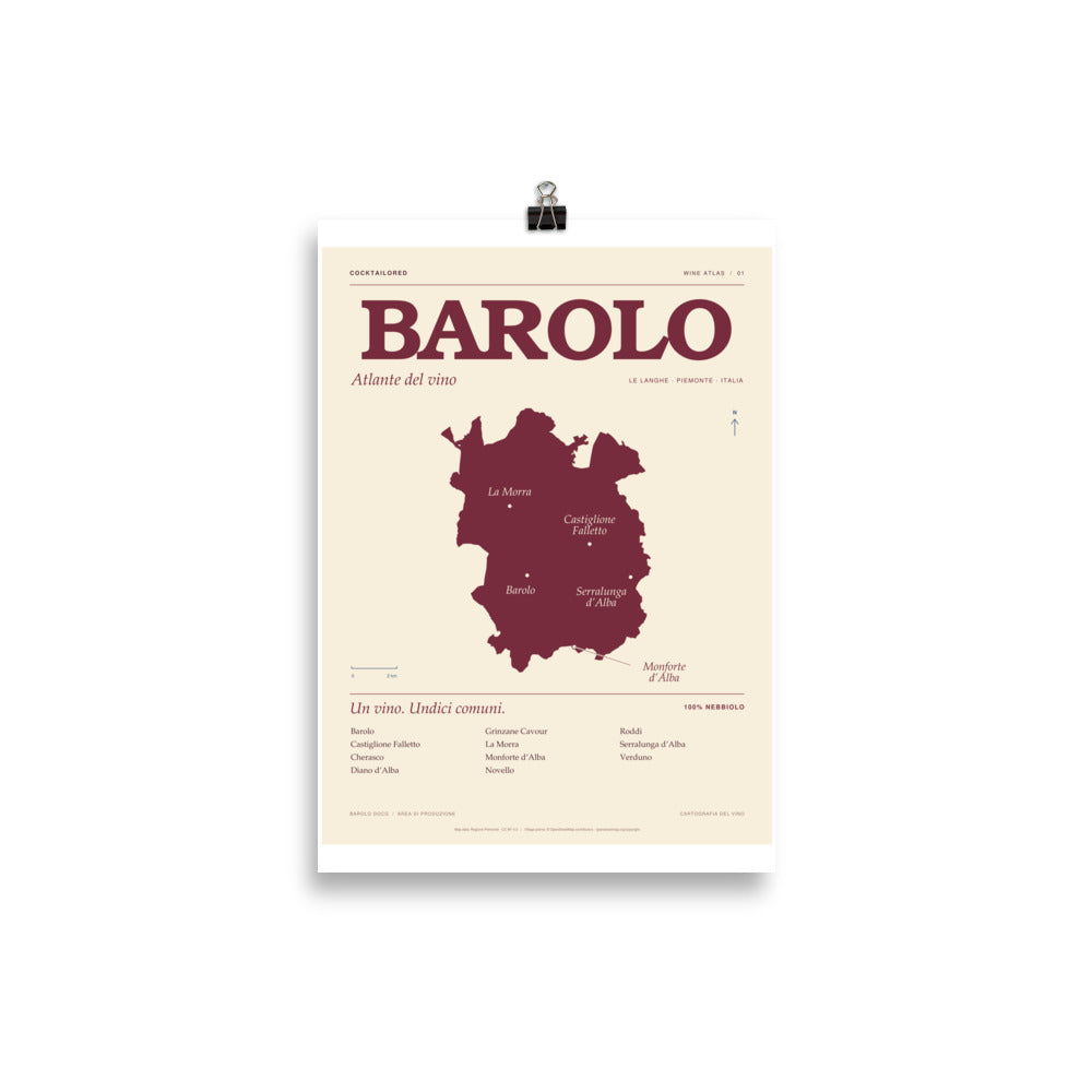 Affiche de la carte viticole du Barolo DOCG en bordeaux et crème, typographie italienne et noms de villages, 21 × 30 cm