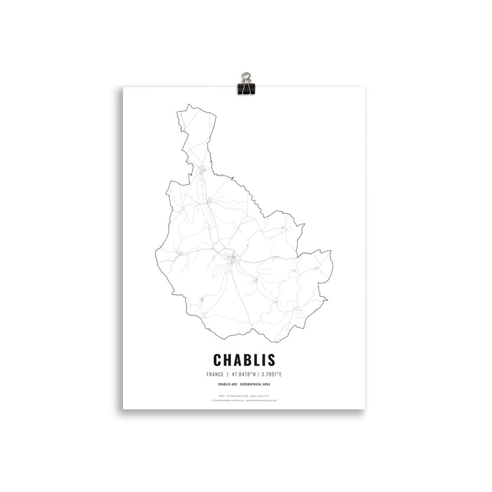 Black-and-white map poster of the Chablis wine region in France, 30 × 40 cm – Cocktailored