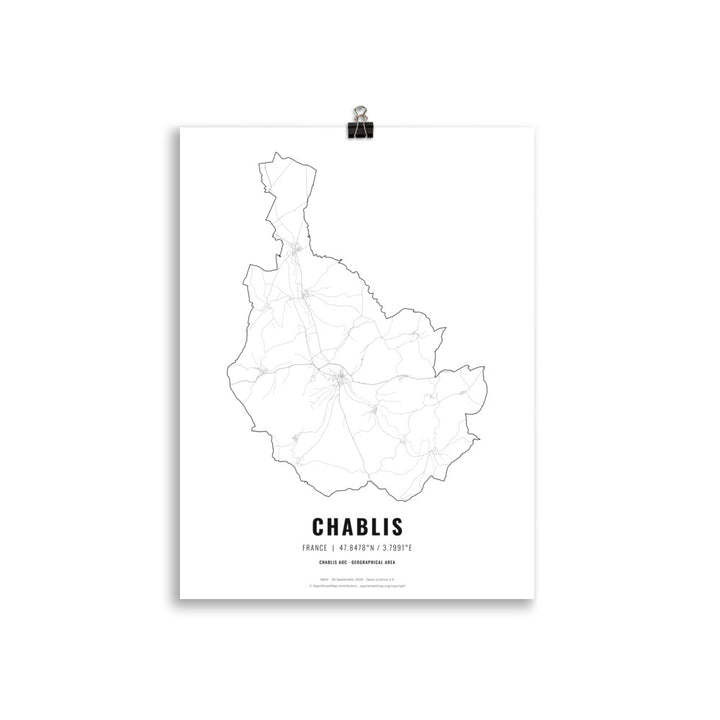 Black-and-white map poster of the Chablis wine region in France, 30 × 40 cm – Cocktailored