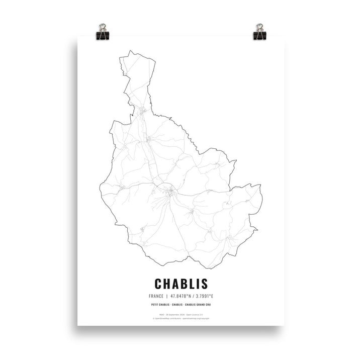 Black-and-white map poster of the Chablis wine region in France, 50 × 70 cm – Cocktailored